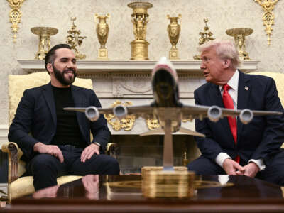 President Donald Trump meets with El Salvador's President Nayib Bukele in the Oval Office of the White House in Washington, D.C., on April 14, 2025.