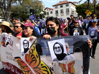 Protesters with the Service Employees International Union (SEIU), Coalition for Human Immigrant Rights of Los Angeles and community members march to denounce the Trump administration's recent attacks on free speech and immigrant rights including the arrest of Rümeysa Öztürk at Placita Olverain downtown Los Angeles on April 1, 2025.